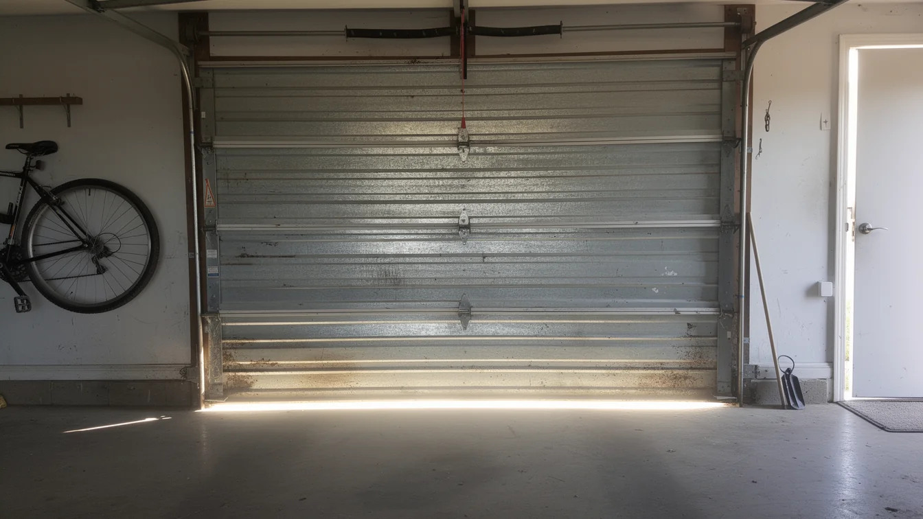 The closed metal garage door has two torsion springs and a bicycle hanging on the left wall.