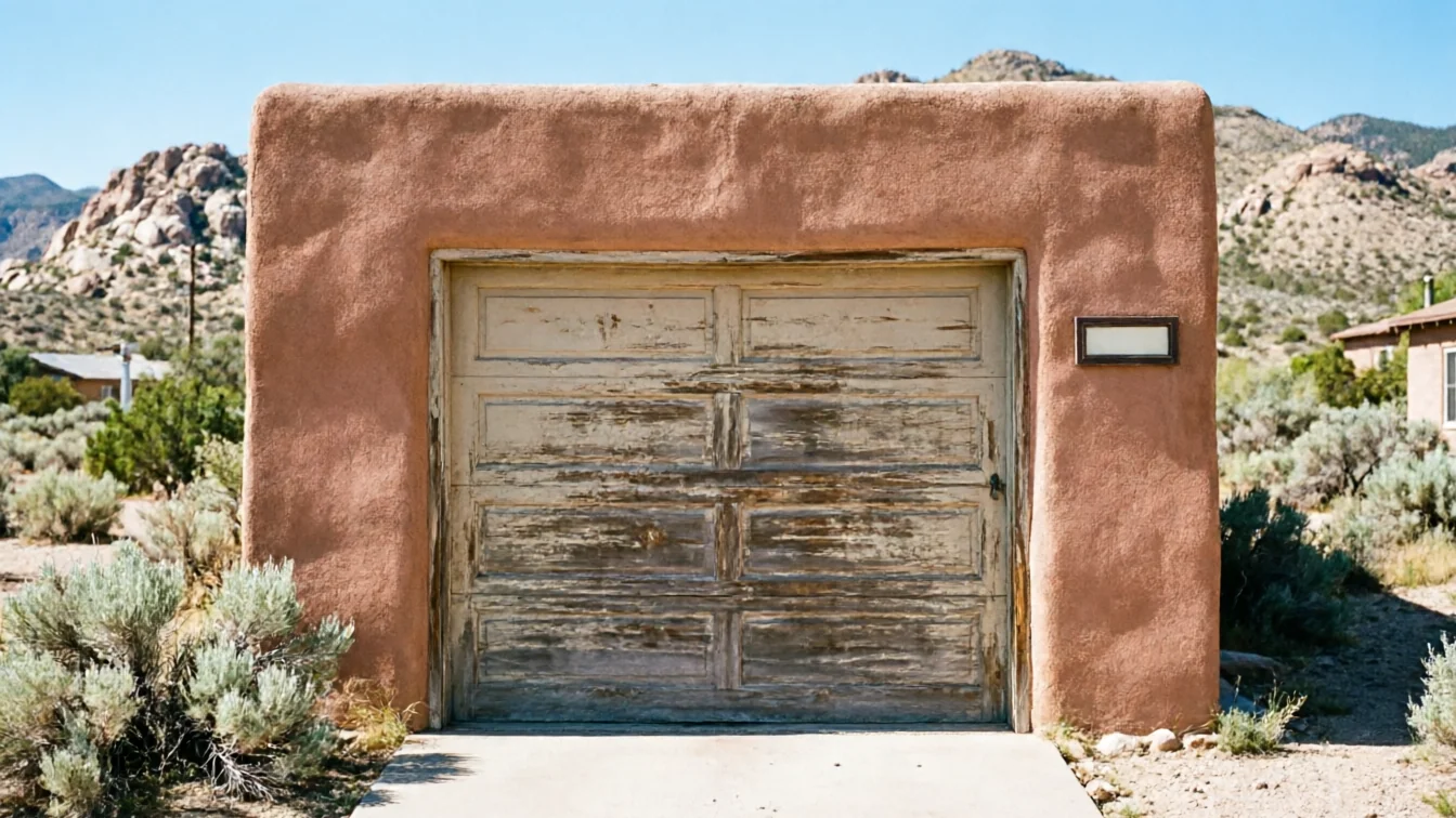 The garage door is old and peeling, set in a stucco wall.