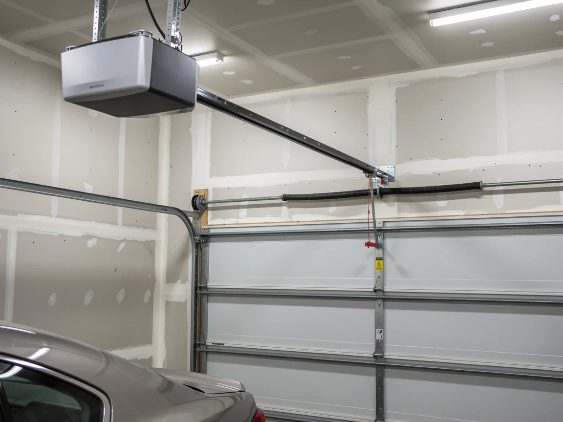 A garage door opener is mounted above a closed garage door with a torsion spring.