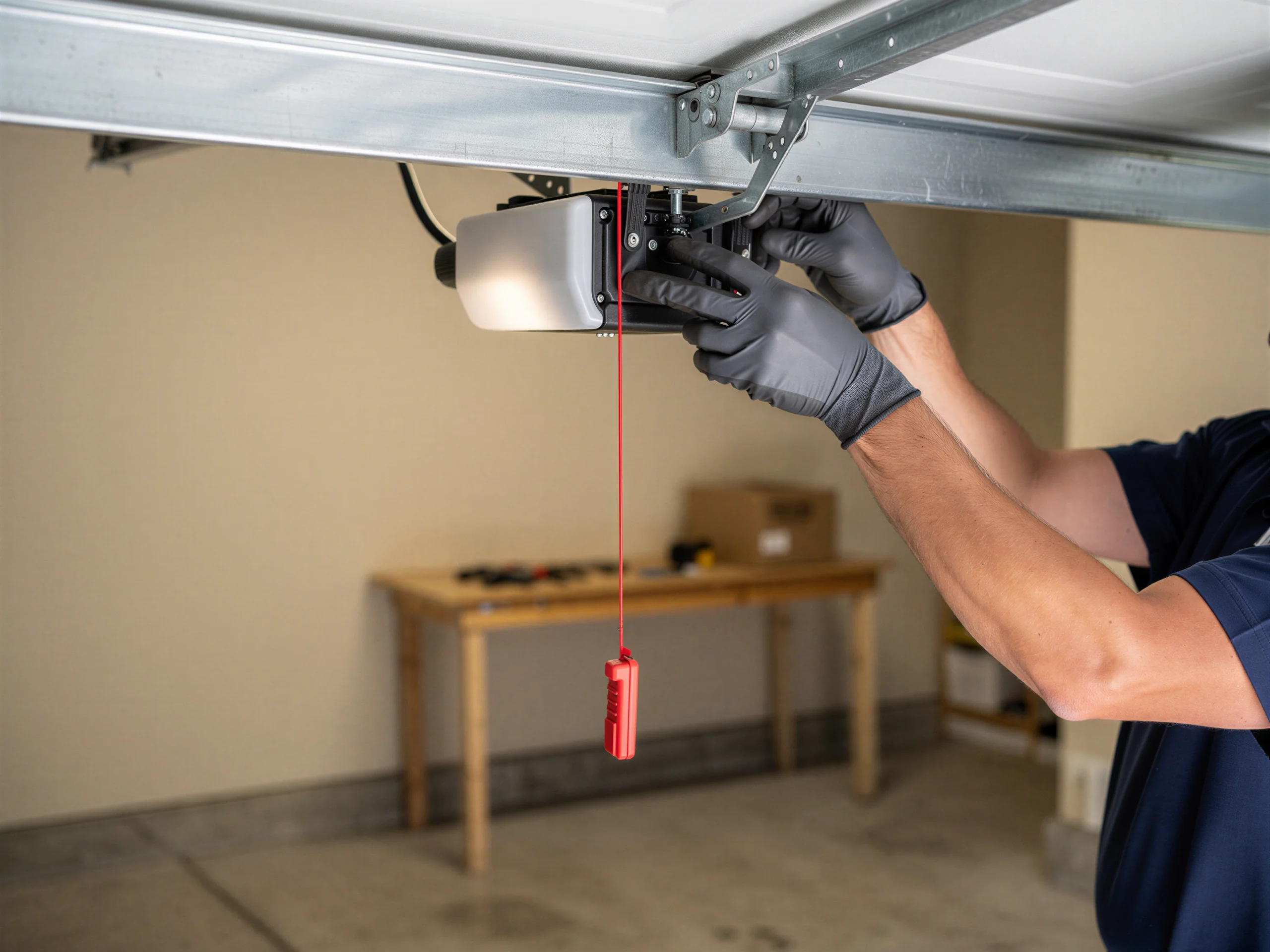 A technician in black gloves works on a garage door opener.