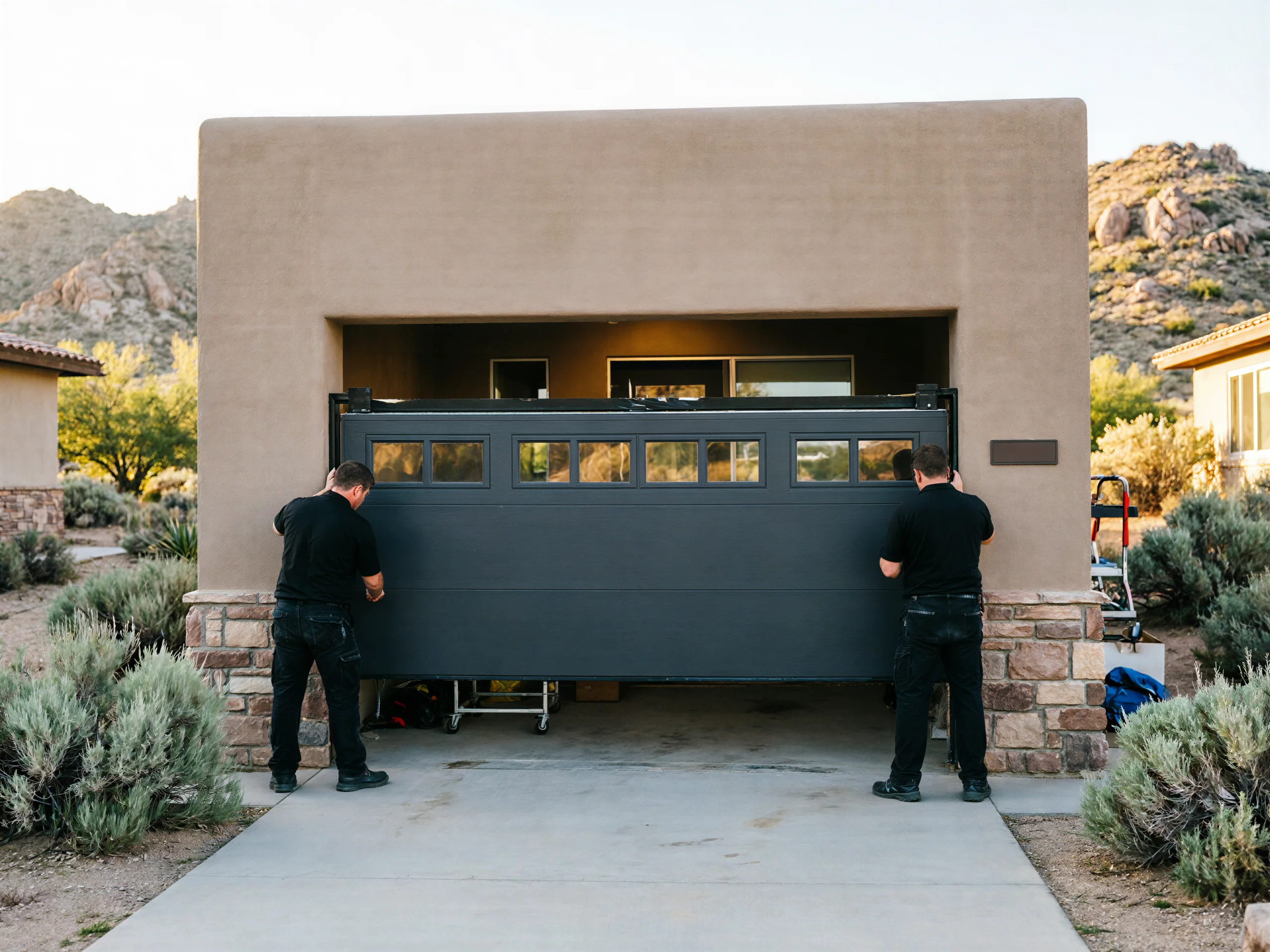 Two technicians install a dark gray garage door with windows on a tan house.