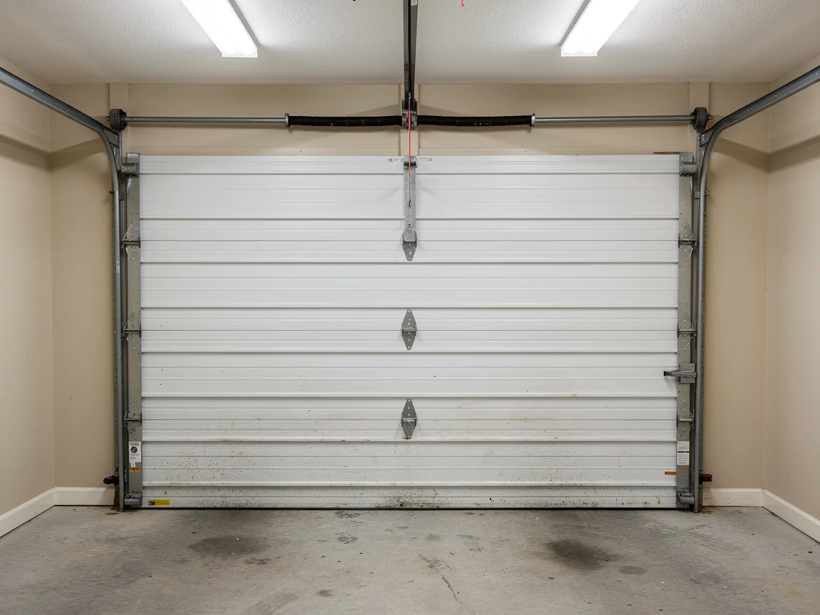 A white garage door is closed inside a garage with a concrete floor.
