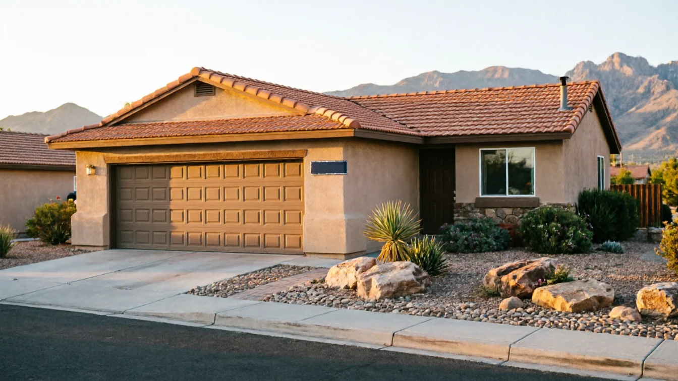The house has a brown garage door, a tiled roof, and desert landscaping.
